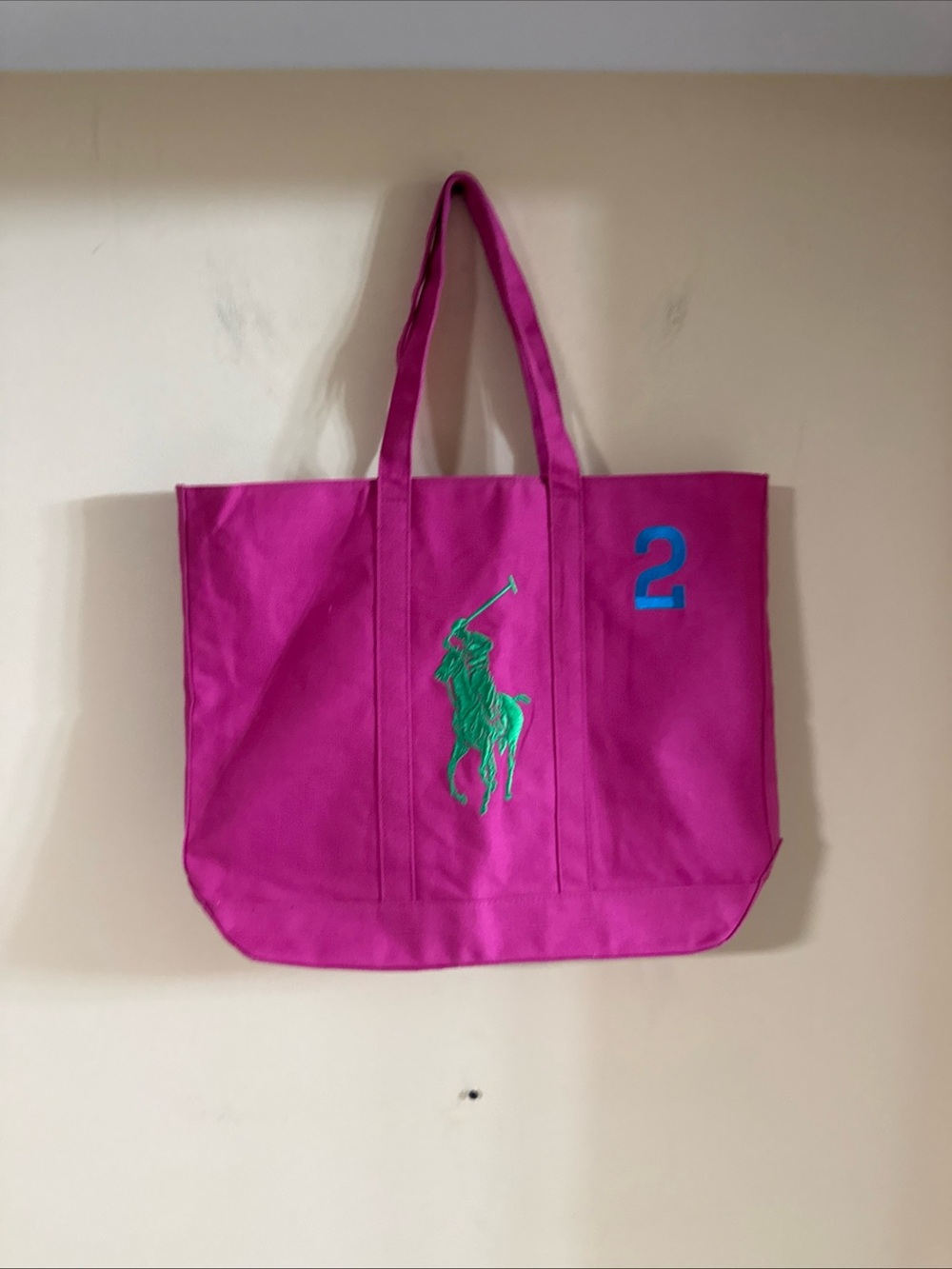Ralph Lauren Fuchsia Canvas Tote with Green Polo Motif and Blue '2'NEW - Picture 2 of 16